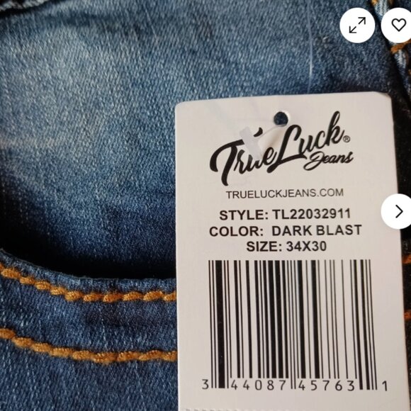 True Luck Jeans men's Stretch Straight 3 Flap Pockets blue 34x30 Embroidered - Picture 9 of 14